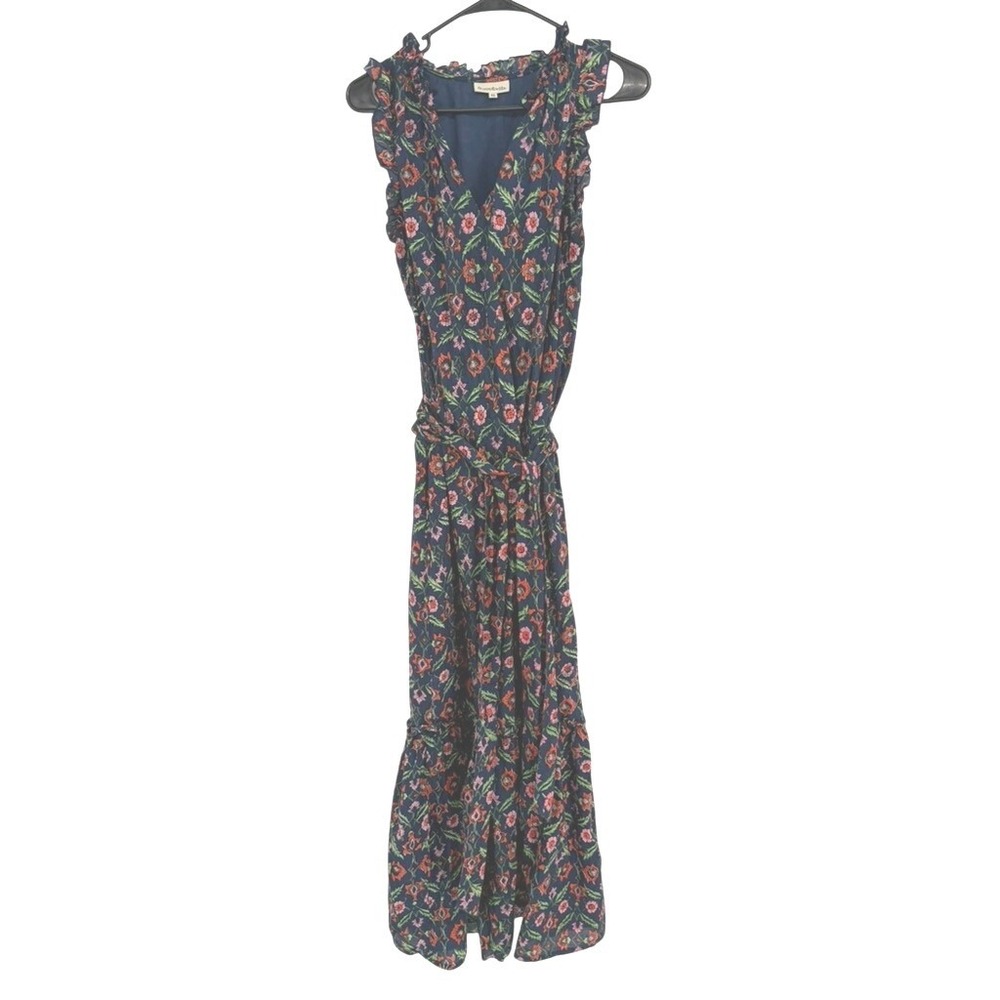 Fitzroy & Willa Dress Womens XS Navy Floral Sleeveless V-Neck Ruffle Maxi Tiered